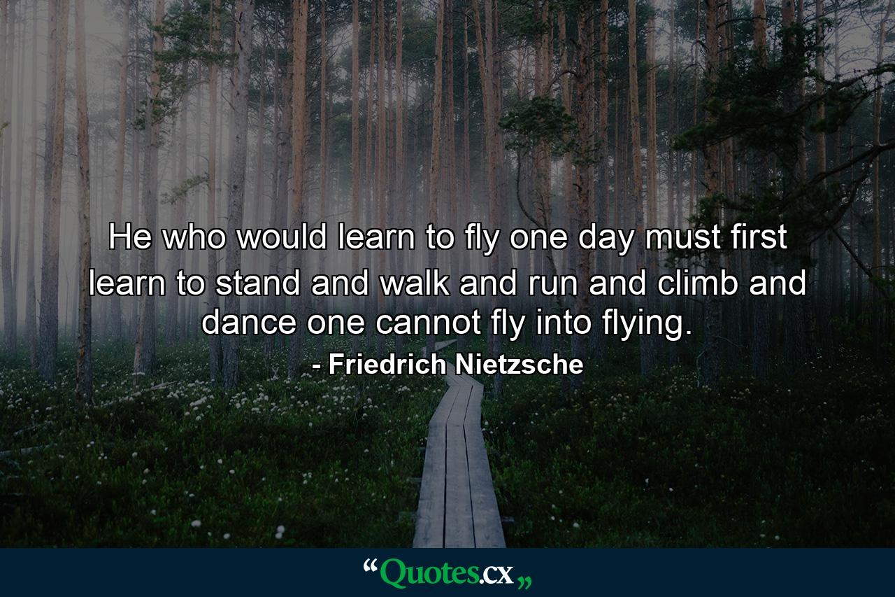 He who would learn to fly one day must first learn to stand and walk and run and climb and dance  one cannot fly into flying. - Quote by Friedrich Nietzsche