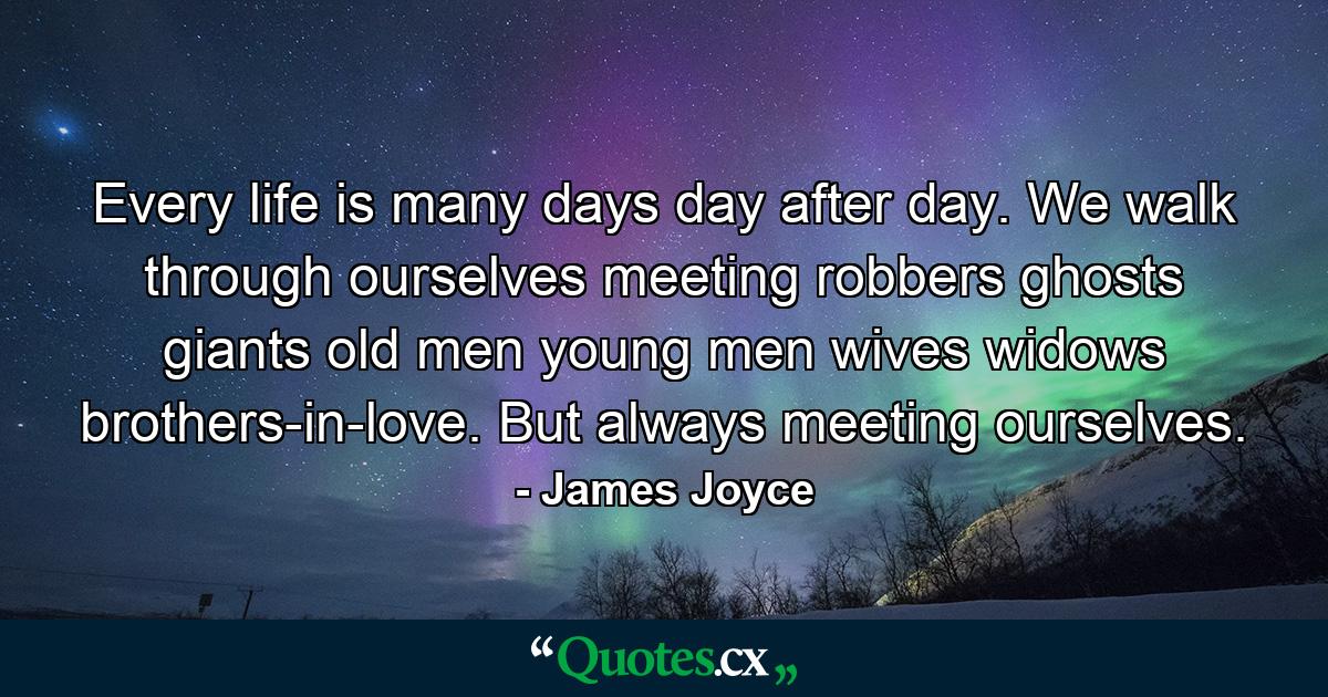 Every life is many days  day after day. We walk through ourselves  meeting robbers  ghosts  giants  old men  young men  wives  widows  brothers-in-love. But always meeting ourselves. - Quote by James Joyce