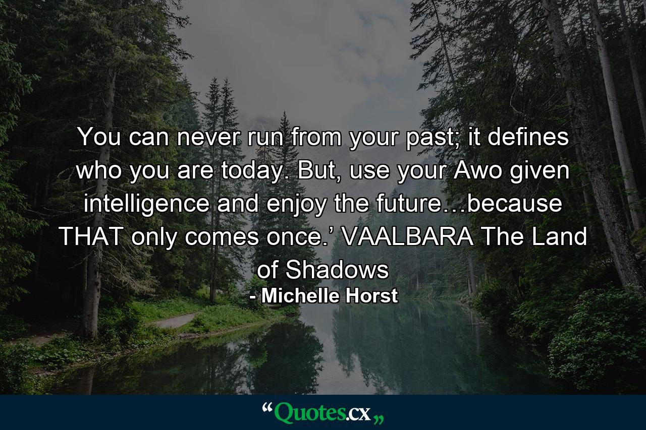 You can never run from your past; it defines who you are today. But, use your Awo given intelligence and enjoy the future…because THAT only comes once.’ VAALBARA The Land of Shadows - Quote by Michelle Horst