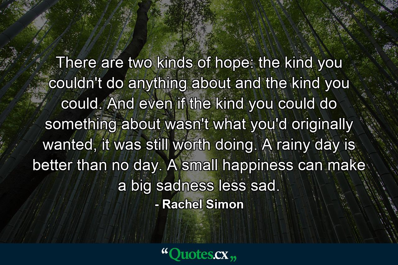 There are two kinds of hope: the kind you couldn't do anything about and the kind you could. And even if the kind you could do something about wasn't what you'd originally wanted, it was still worth doing. A rainy day is better than no day. A small happiness can make a big sadness less sad. - Quote by Rachel Simon