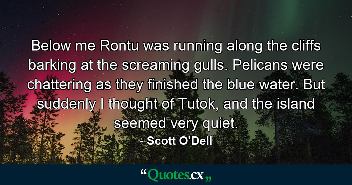 Below me Rontu was running along the cliffs barking at the screaming gulls. Pelicans were chattering as they finished the blue water. But suddenly I thought of Tutok, and the island seemed very quiet. - Quote by Scott O'Dell