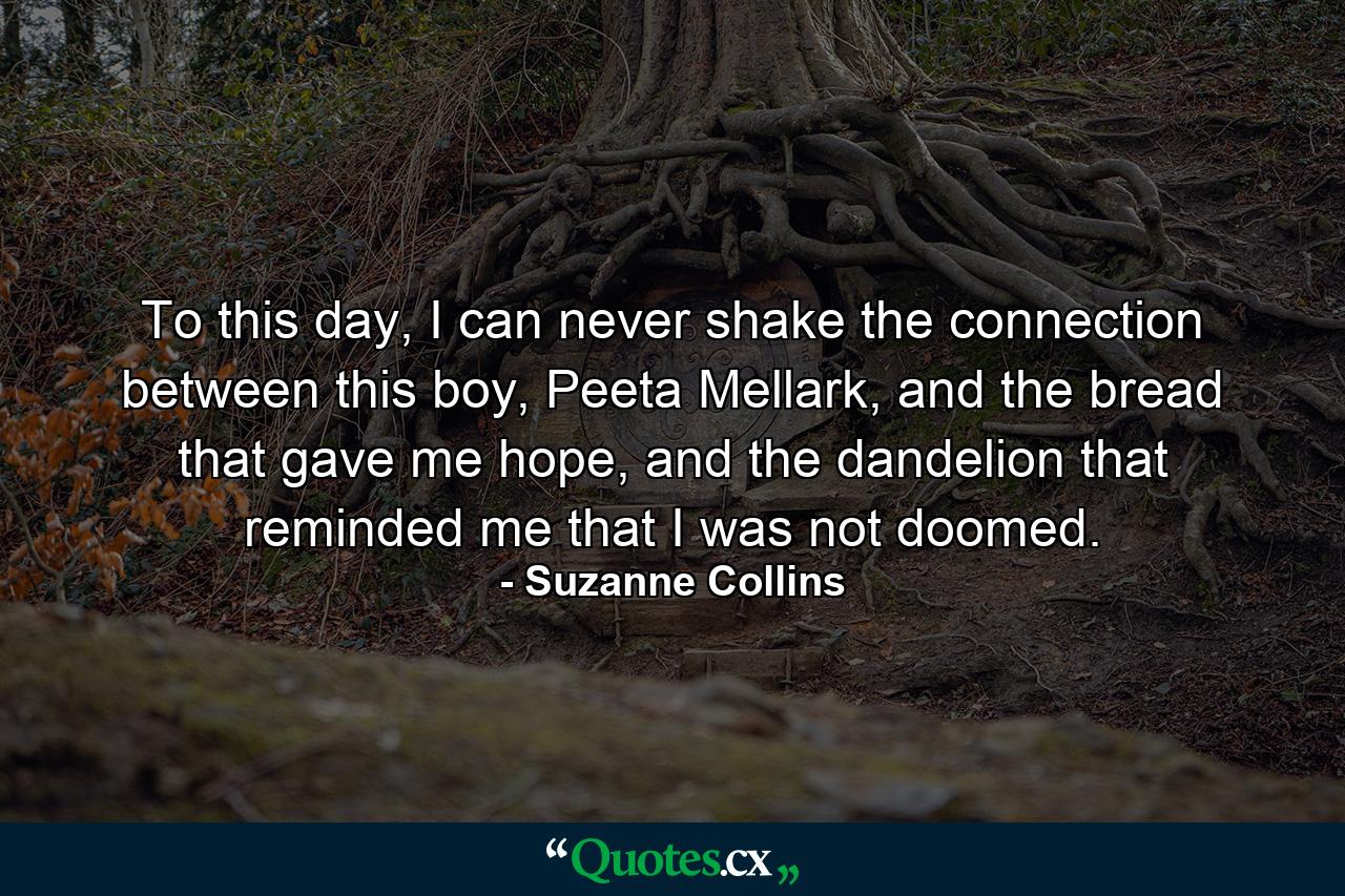 To this day, I can never shake the connection between this boy, Peeta Mellark, and the bread that gave me hope, and the dandelion that reminded me that I was not doomed. - Quote by Suzanne Collins