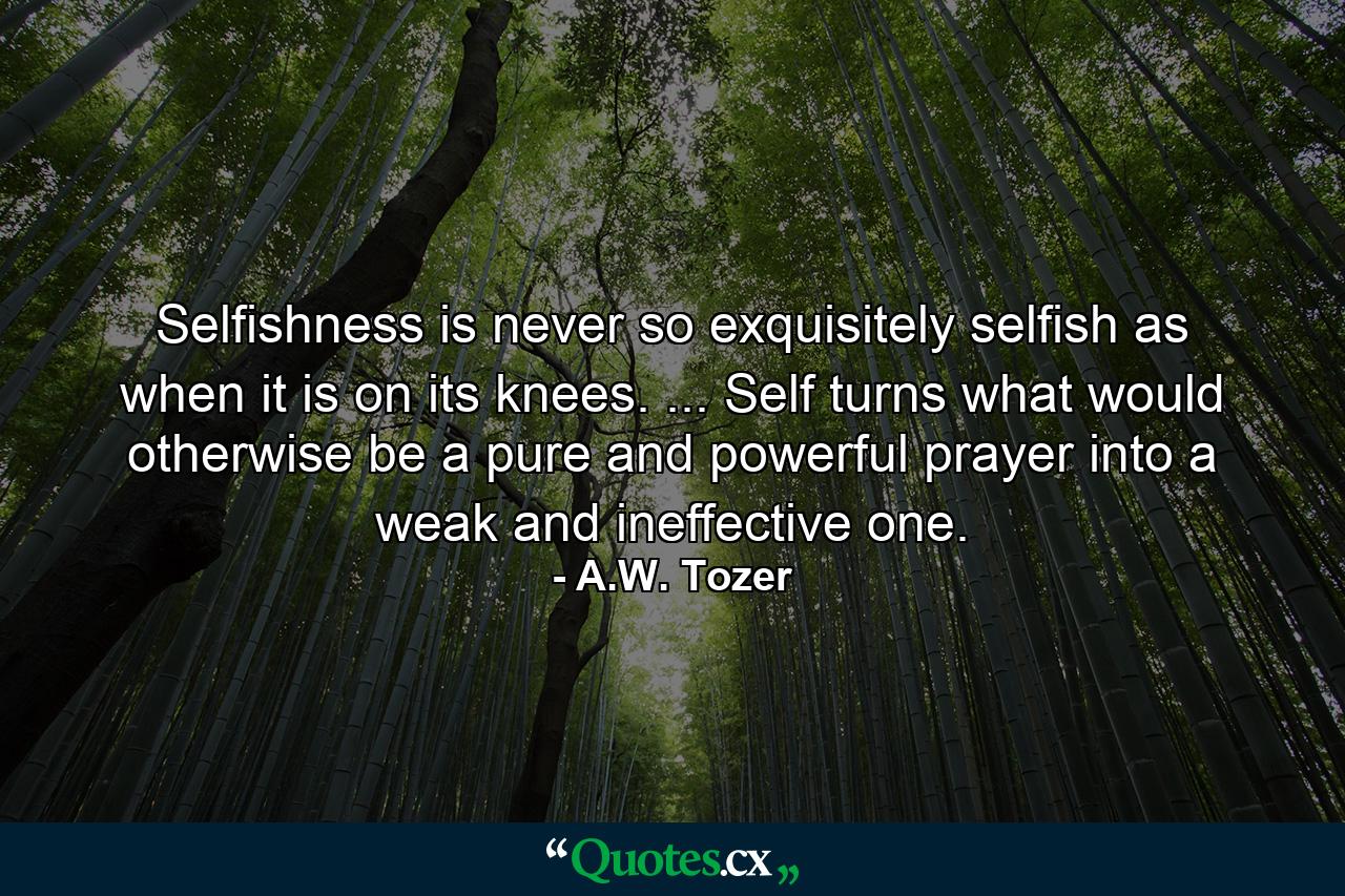 Selfishness is never so exquisitely selfish as when it is on its knees. ... Self turns what would otherwise be a pure and powerful prayer into a weak and ineffective one. - Quote by A.W. Tozer