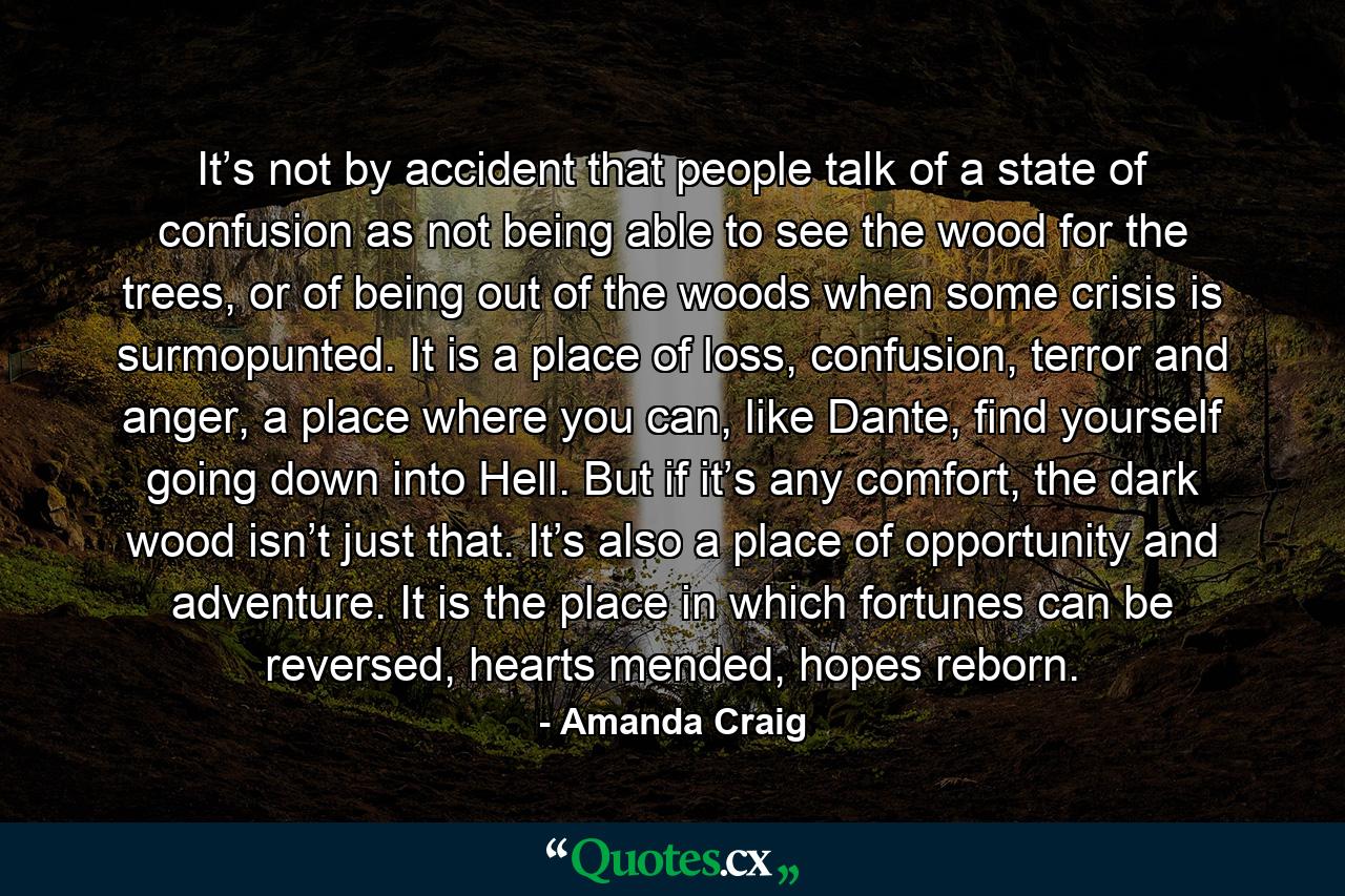 It’s not by accident that people talk of a state of confusion as not being able to see the wood for the trees, or of being out of the woods when some crisis is surmopunted. It is a place of loss, confusion, terror and anger, a place where you can, like Dante, find yourself going down into Hell. But if it’s any comfort, the dark wood isn’t just that. It’s also a place of opportunity and adventure. It is the place in which fortunes can be reversed, hearts mended, hopes reborn. - Quote by Amanda Craig