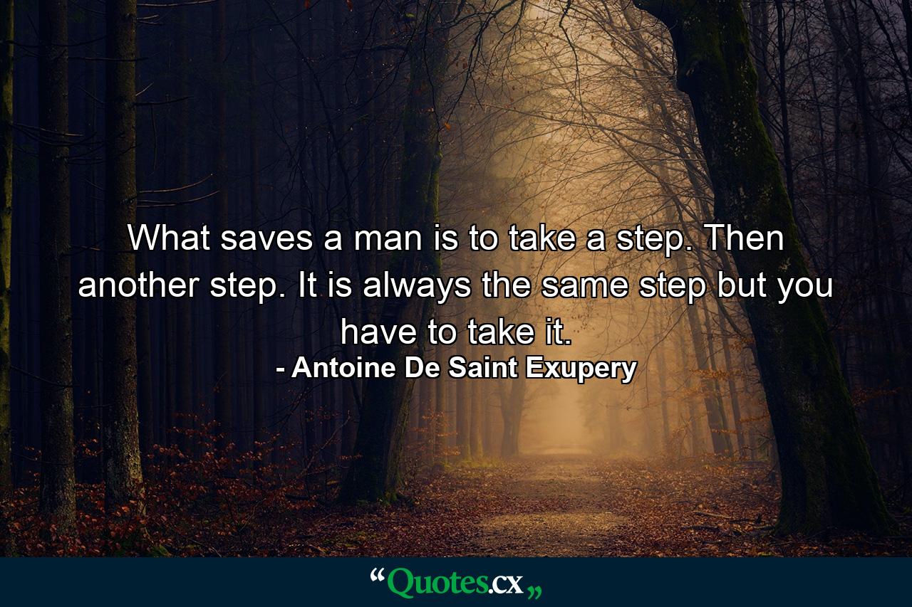 What saves a man is to take a step. Then another step. It is always the same step  but you have to take it. - Quote by Antoine De Saint Exupery