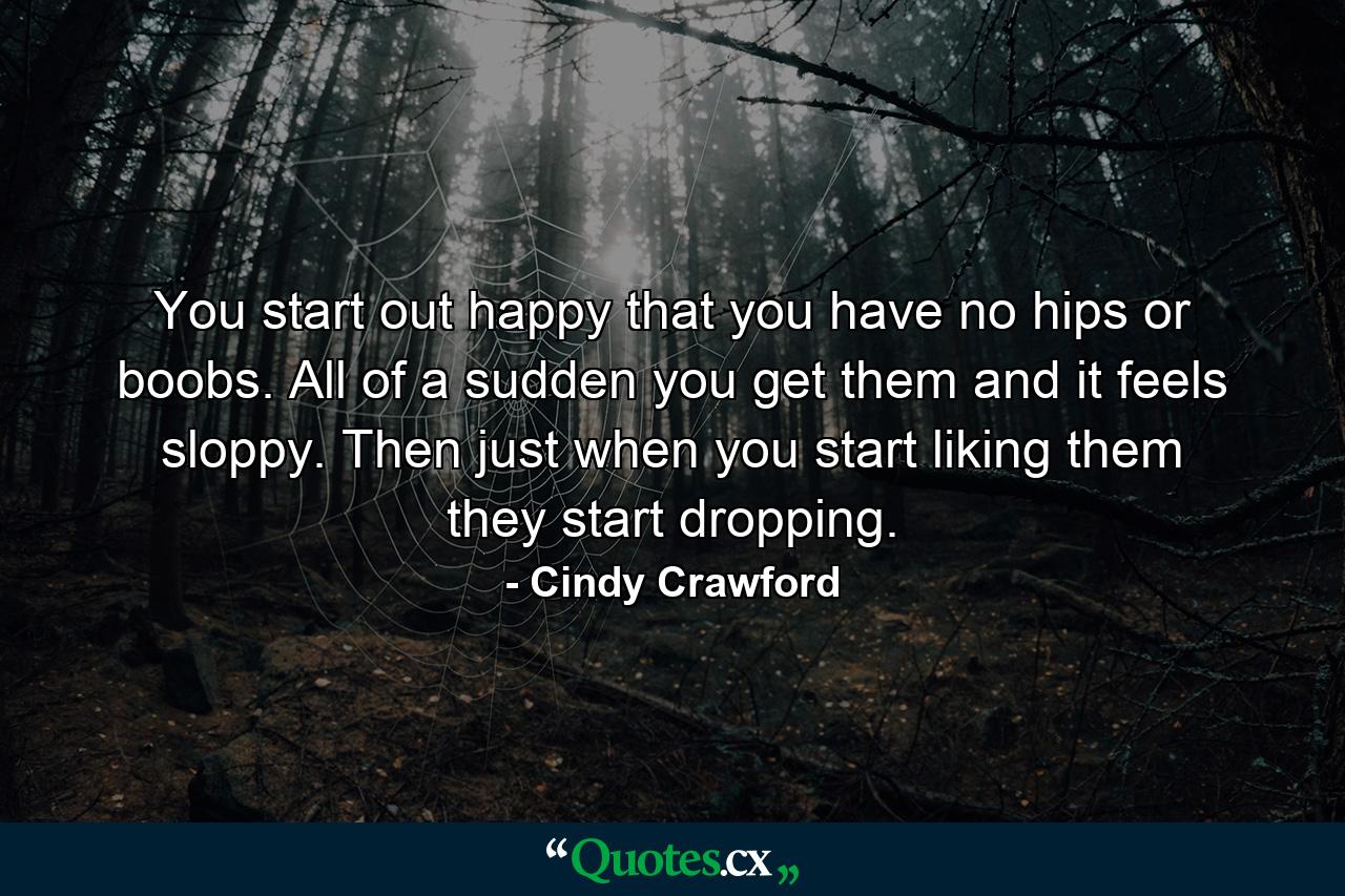 You start out happy that you have no hips or boobs. All of a sudden you get them  and it feels sloppy. Then just when you start liking them  they start dropping. - Quote by Cindy Crawford