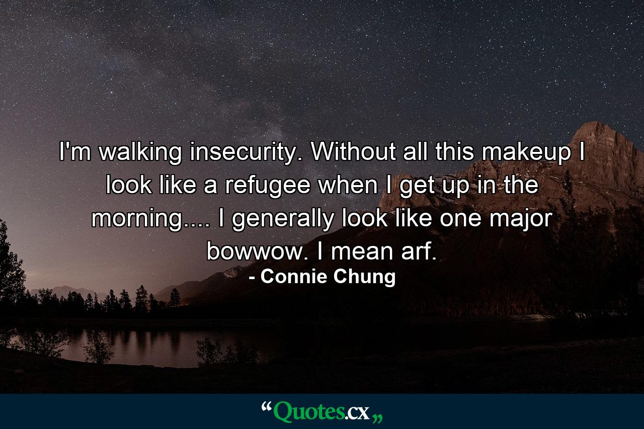 I'm walking insecurity. Without all this makeup  I look like a refugee when I get up in the morning.... I generally look like one major bowwow. I mean arf. - Quote by Connie Chung