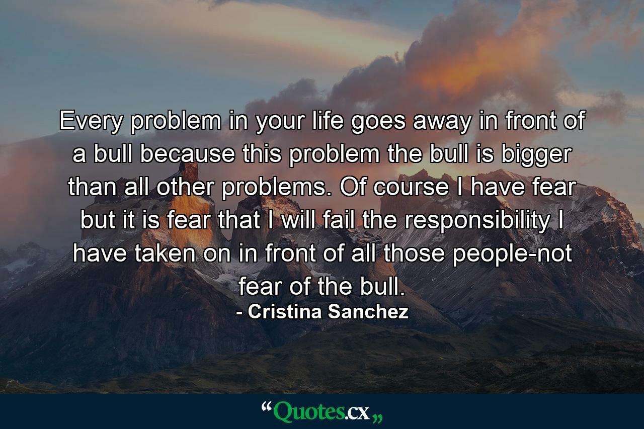 Every problem in your life goes away in front of a bull because this problem  the bull  is bigger than all other problems. Of course  I have fear  but it is fear that I will fail the responsibility I have taken on in front of all those people-not fear of the bull. - Quote by Cristina Sanchez