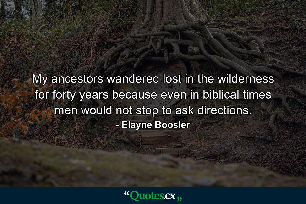 My ancestors wandered lost in the wilderness for forty years because even in biblical times men would not stop to ask directions. - Quote by Elayne Boosler