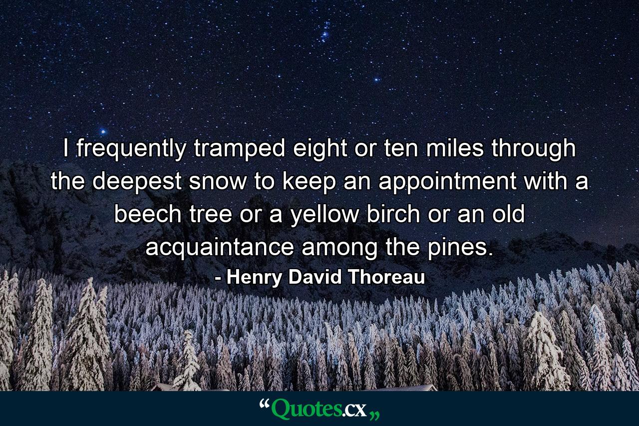 I frequently tramped eight or ten miles through the deepest snow to keep an appointment with a beech tree  or a yellow birch  or an old acquaintance among the pines. - Quote by Henry David Thoreau