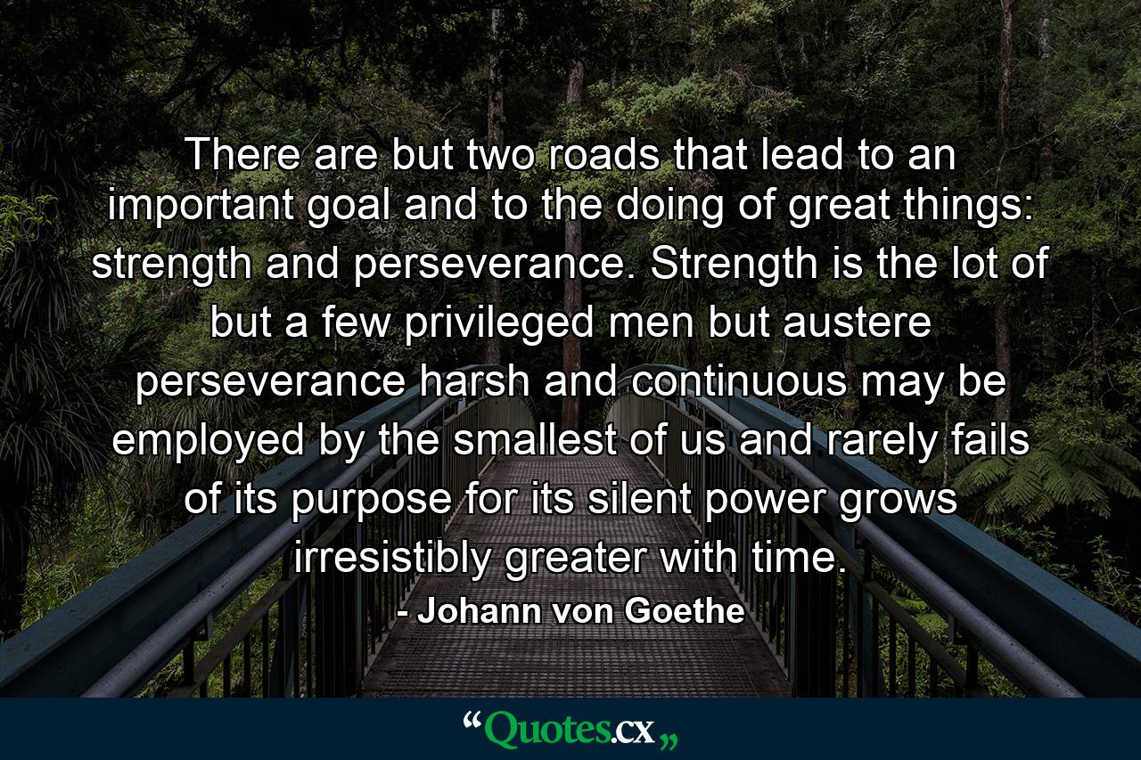 There are but two roads that lead to an important goal and to the doing of great things: strength and perseverance. Strength is the lot of but a few privileged men  but austere perseverance  harsh and continuous  may be employed by the smallest of us and rarely fails of its purpose  for its silent power grows irresistibly greater with time. - Quote by Johann von Goethe