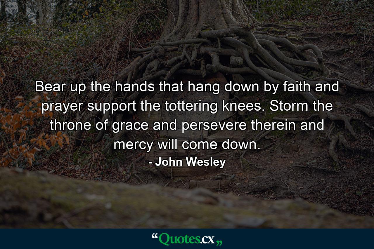 Bear up the hands that hang down  by faith and prayer  support the tottering knees. Storm the throne of grace and persevere therein  and mercy will come down. - Quote by John Wesley