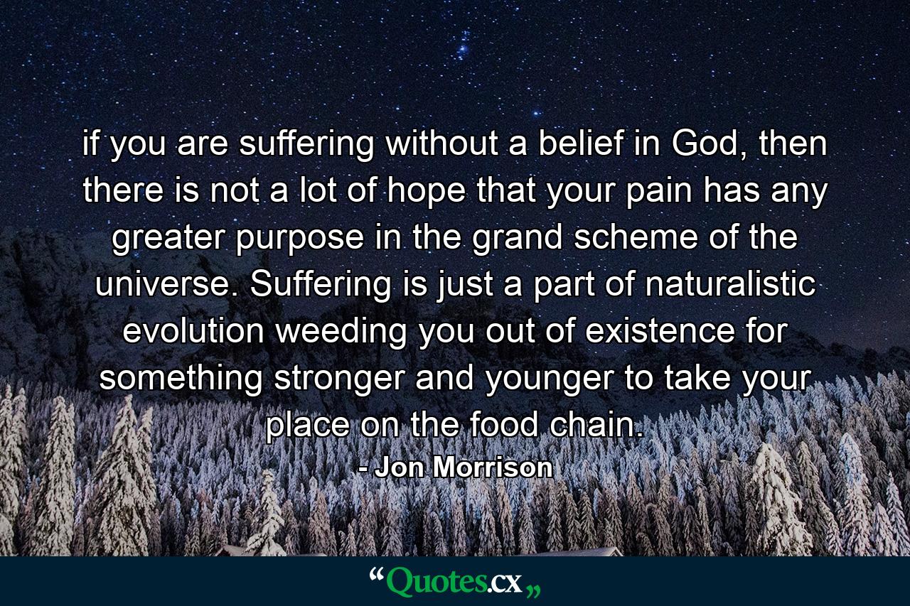 if you are suffering without a belief in God, then there is not a lot of hope that your pain has any greater purpose in the grand scheme of the universe. Suffering is just a part of naturalistic evolution weeding you out of existence for something stronger and younger to take your place on the food chain. - Quote by Jon Morrison