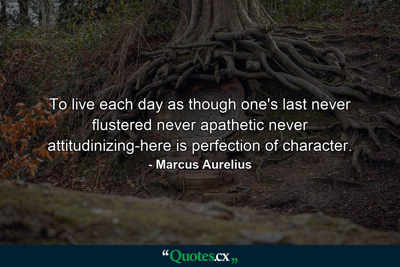 To live each day as though one's last  never flustered  never apathetic  never attitudinizing-here is perfection of character. - Quote by Marcus Aurelius