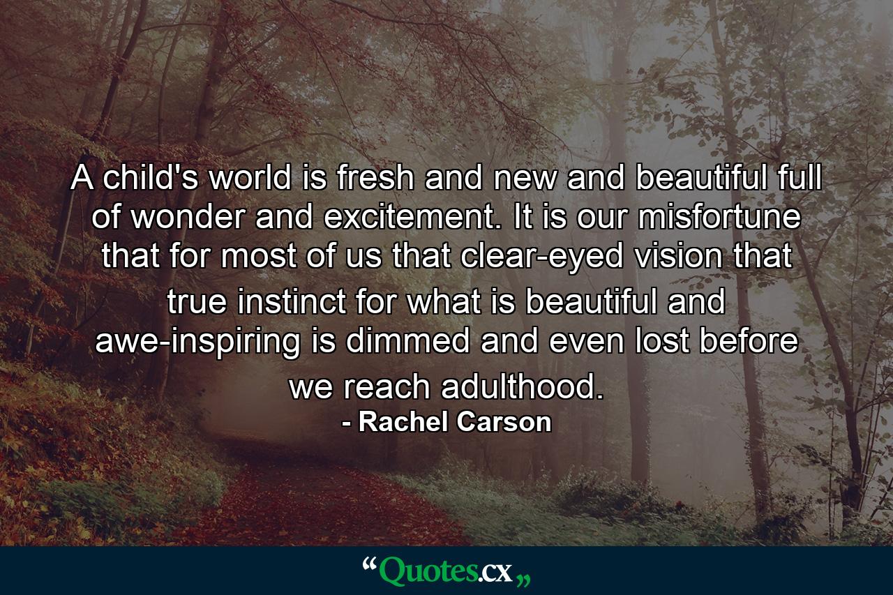 A child's world is fresh and new and beautiful  full of wonder and excitement. It is our misfortune that for most of us that clear-eyed vision  that true instinct for what is beautiful and awe-inspiring  is dimmed and even lost before we reach adulthood. - Quote by Rachel Carson