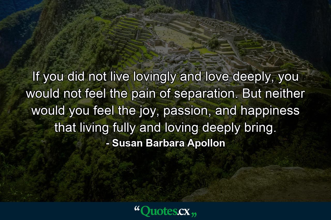 If you did not live lovingly and love deeply, you would not feel the pain of separation. But neither would you feel the joy, passion, and happiness that living fully and loving deeply bring. - Quote by Susan Barbara Apollon