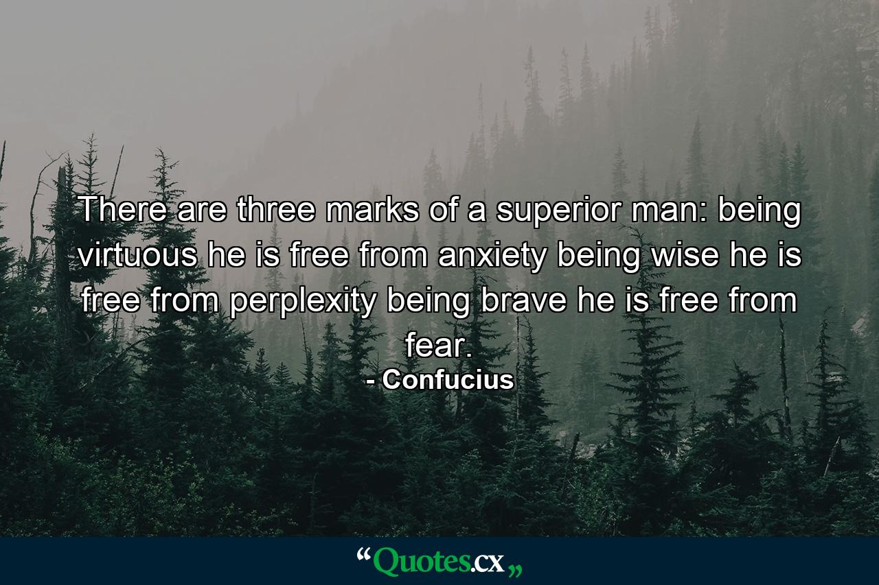 There are three marks of a superior man: being virtuous  he is free from anxiety  being wise  he is free from perplexity  being brave  he is free from fear. - Quote by Confucius