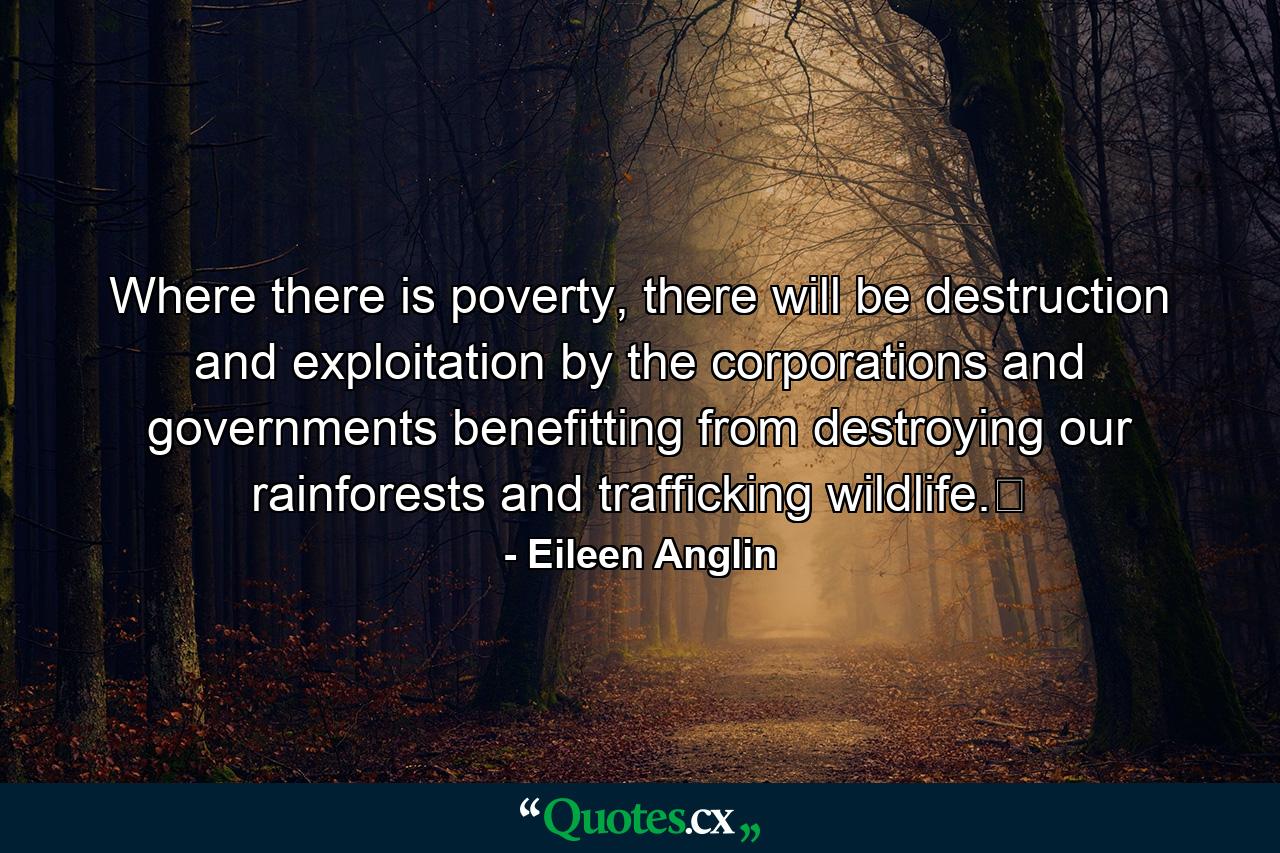 Where there is poverty, there will be destruction and exploitation by the corporations and governments benefitting from destroying our rainforests and trafficking wildlife.﻿ - Quote by Eileen Anglin