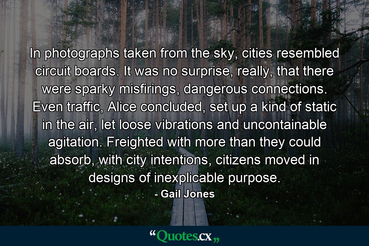 In photographs taken from the sky, cities resembled circuit boards. It was no surprise, really, that there were sparky misfirings, dangerous connections. Even traffic, Alice concluded, set up a kind of static in the air, let loose vibrations and uncontainable agitation. Freighted with more than they could absorb, with city intentions, citizens moved in designs of inexplicable purpose. - Quote by Gail Jones