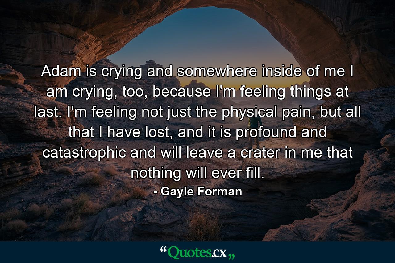 Adam is crying and somewhere inside of me I am crying, too, because I'm feeling things at last. I'm feeling not just the physical pain, but all that I have lost, and it is profound and catastrophic and will leave a crater in me that nothing will ever fill. - Quote by Gayle Forman