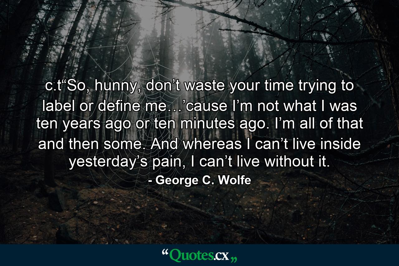 c.t“So, hunny, don’t waste your time trying to label or define me…’cause I’m not what I was ten years ago or ten minutes ago. I’m all of that and then some. And whereas I can’t live inside yesterday’s pain, I can’t live without it. - Quote by George C. Wolfe