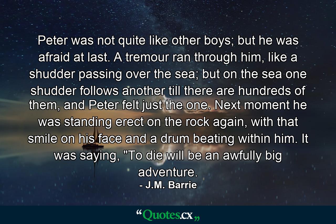 Peter was not quite like other boys; but he was afraid at last. A tremour ran through him, like a shudder passing over the sea; but on the sea one shudder follows another till there are hundreds of them, and Peter felt just the one. Next moment he was standing erect on the rock again, with that smile on his face and a drum beating within him. It was saying, 