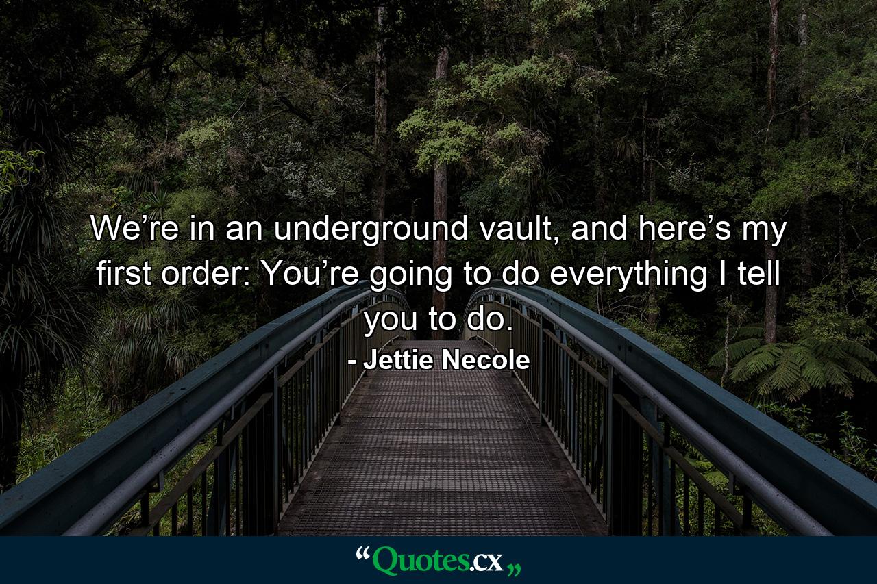 We’re in an underground vault, and here’s my first order: You’re going to do everything I tell you to do. - Quote by Jettie Necole