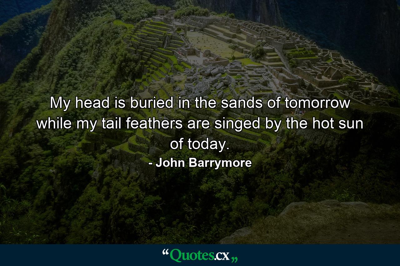 My head is buried in the sands of tomorrow  while my tail feathers are singed by the hot sun of today. - Quote by John Barrymore