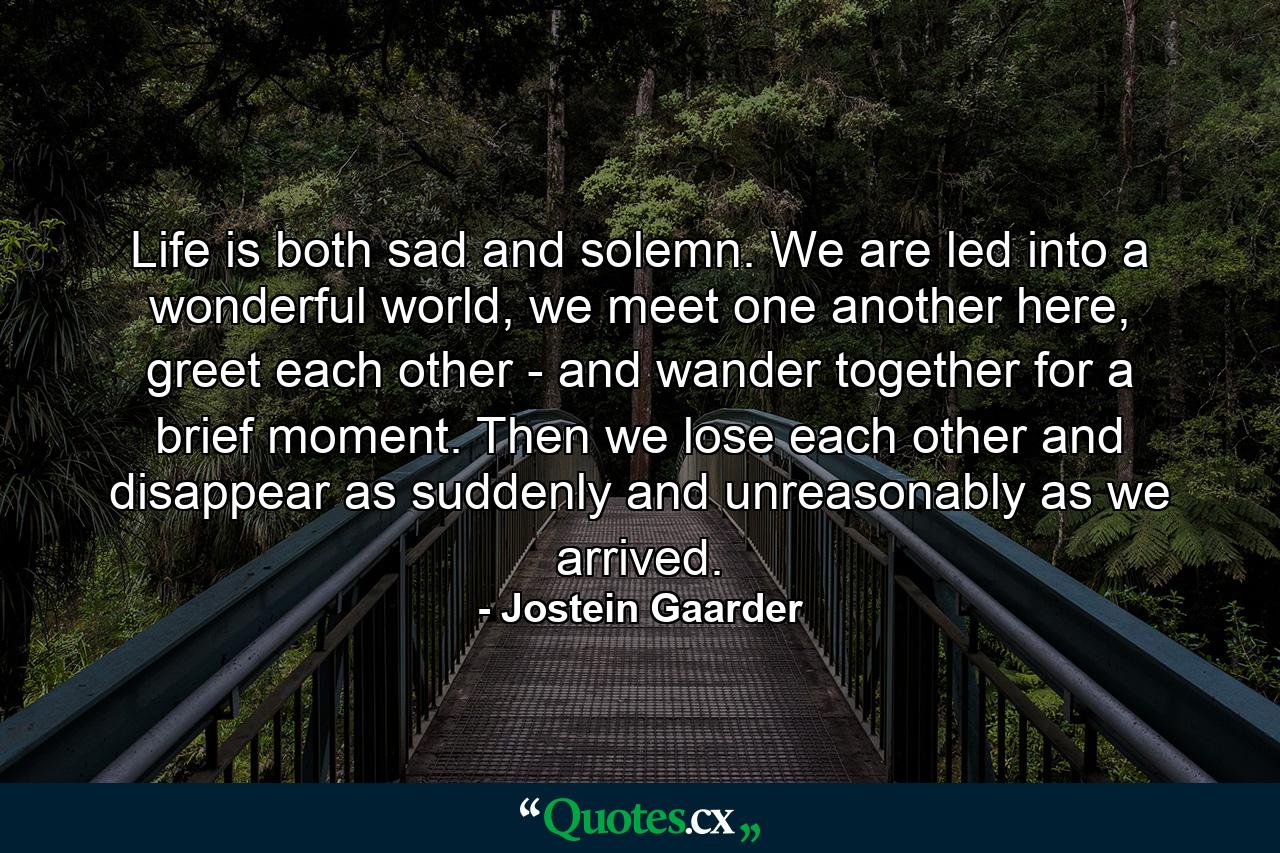 Life is both sad and solemn. We are led into a wonderful world, we meet one another here, greet each other - and wander together for a brief moment. Then we lose each other and disappear as suddenly and unreasonably as we arrived. - Quote by Jostein Gaarder