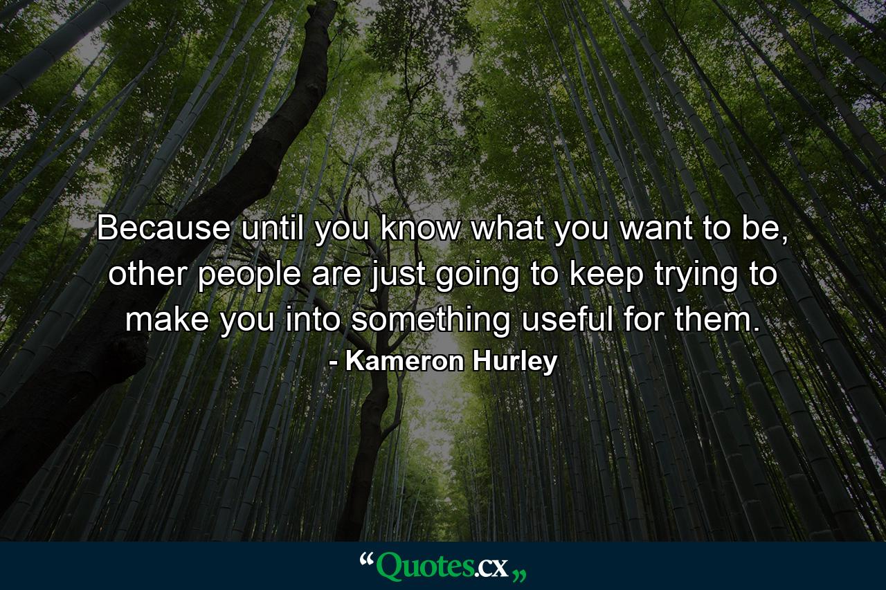 Because until you know what you want to be, other people are just going to keep trying to make you into something useful for them. - Quote by Kameron Hurley