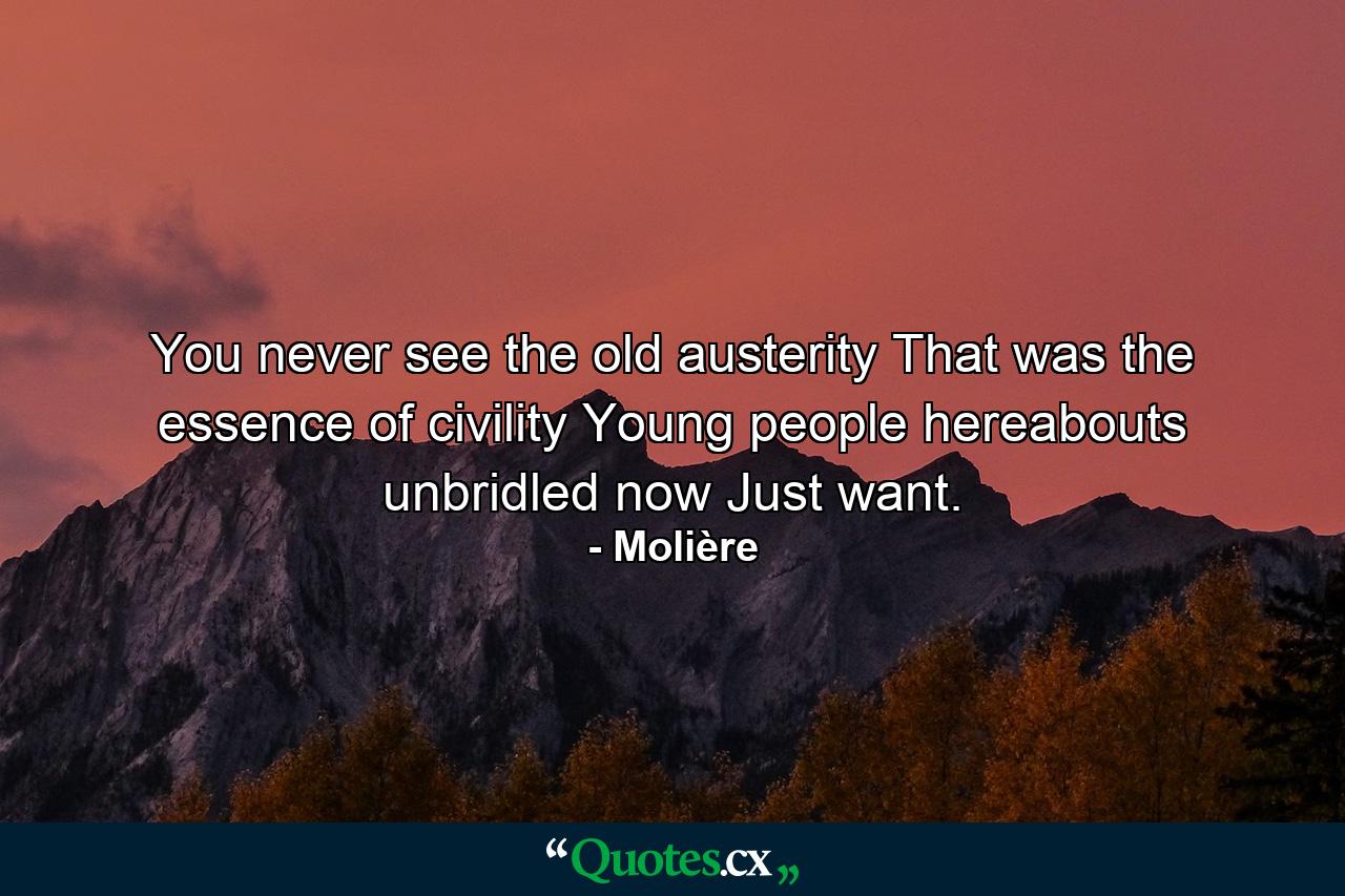 You never see the old austerity That was the essence of civility  Young people hereabouts  unbridled  now Just want. - Quote by Molière