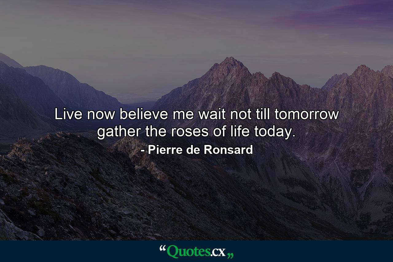 Live now  believe me  wait not till tomorrow  gather the roses of life today. - Quote by Pierre de Ronsard