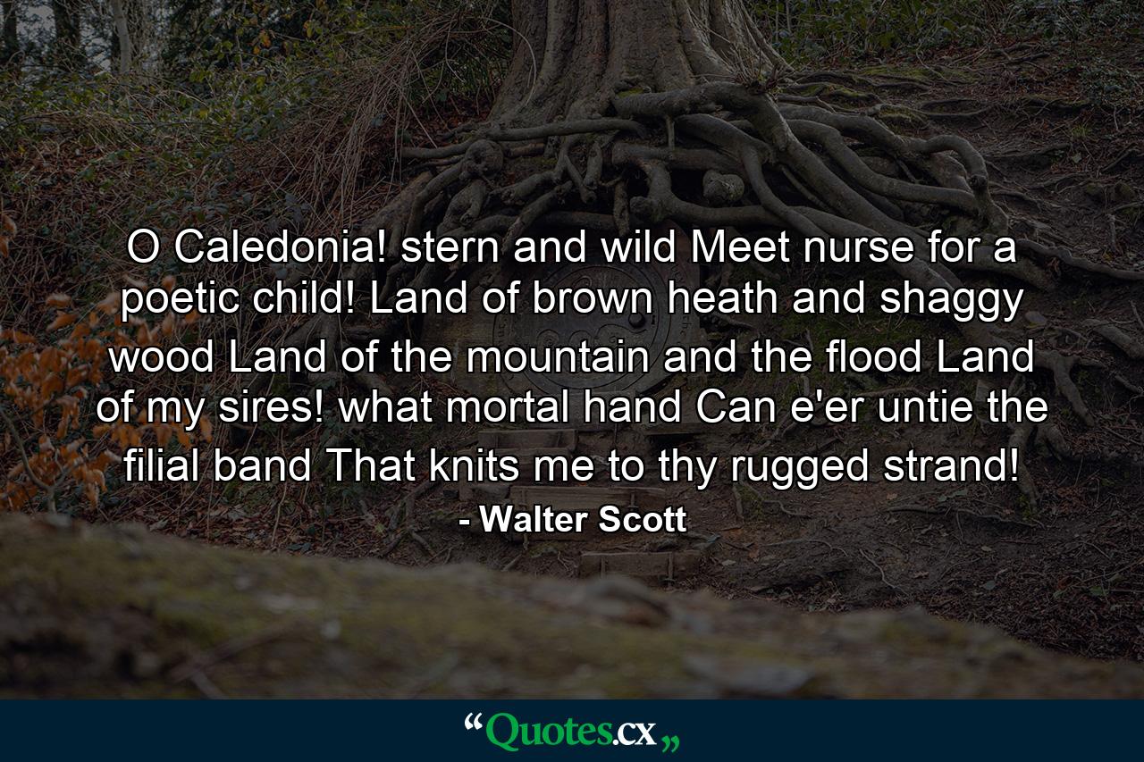 O Caledonia! stern and wild  Meet nurse for a poetic child! Land of brown heath and shaggy wood  Land of the mountain and the flood  Land of my sires! what mortal hand Can e'er untie the filial band  That knits me to thy rugged strand! - Quote by Walter Scott