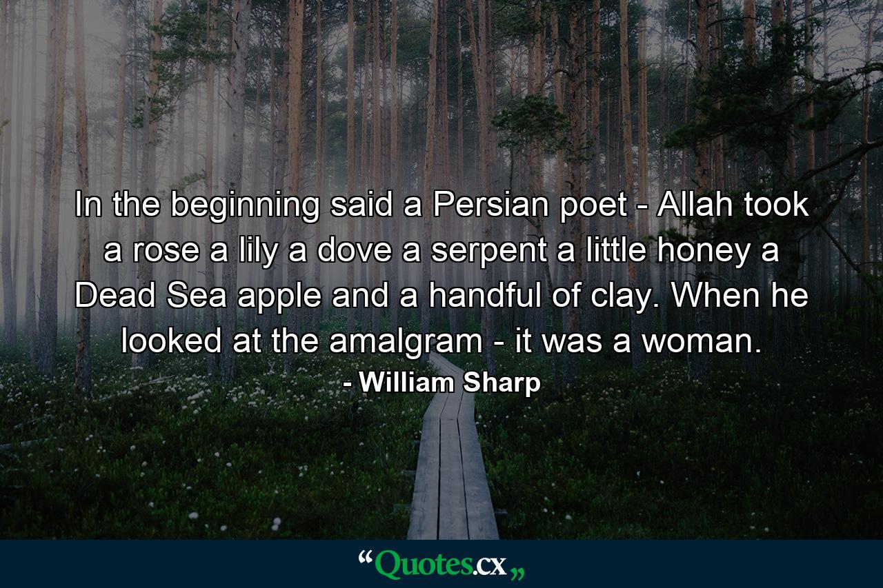 In the beginning  said a Persian poet - Allah took a rose  a lily  a dove  a serpent  a little honey  a Dead Sea apple  and a handful of clay. When he looked at the amalgram -  it was a woman. - Quote by William Sharp