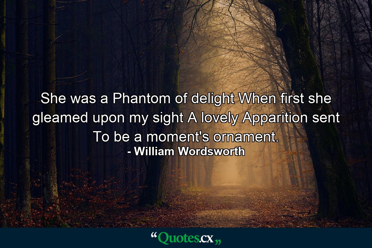 She was a Phantom of delight When first she gleamed upon my sight  A lovely Apparition  sent To be a moment's ornament. - Quote by William Wordsworth