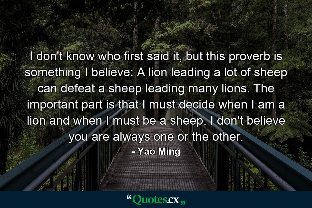 I don't know who first said it, but this proverb is something I believe: A lion leading a lot of sheep can defeat a sheep leading many lions. The important part is that I must decide when I am a lion and when I must be a sheep. I don't believe you are always one or the other. - Quote by Yao Ming