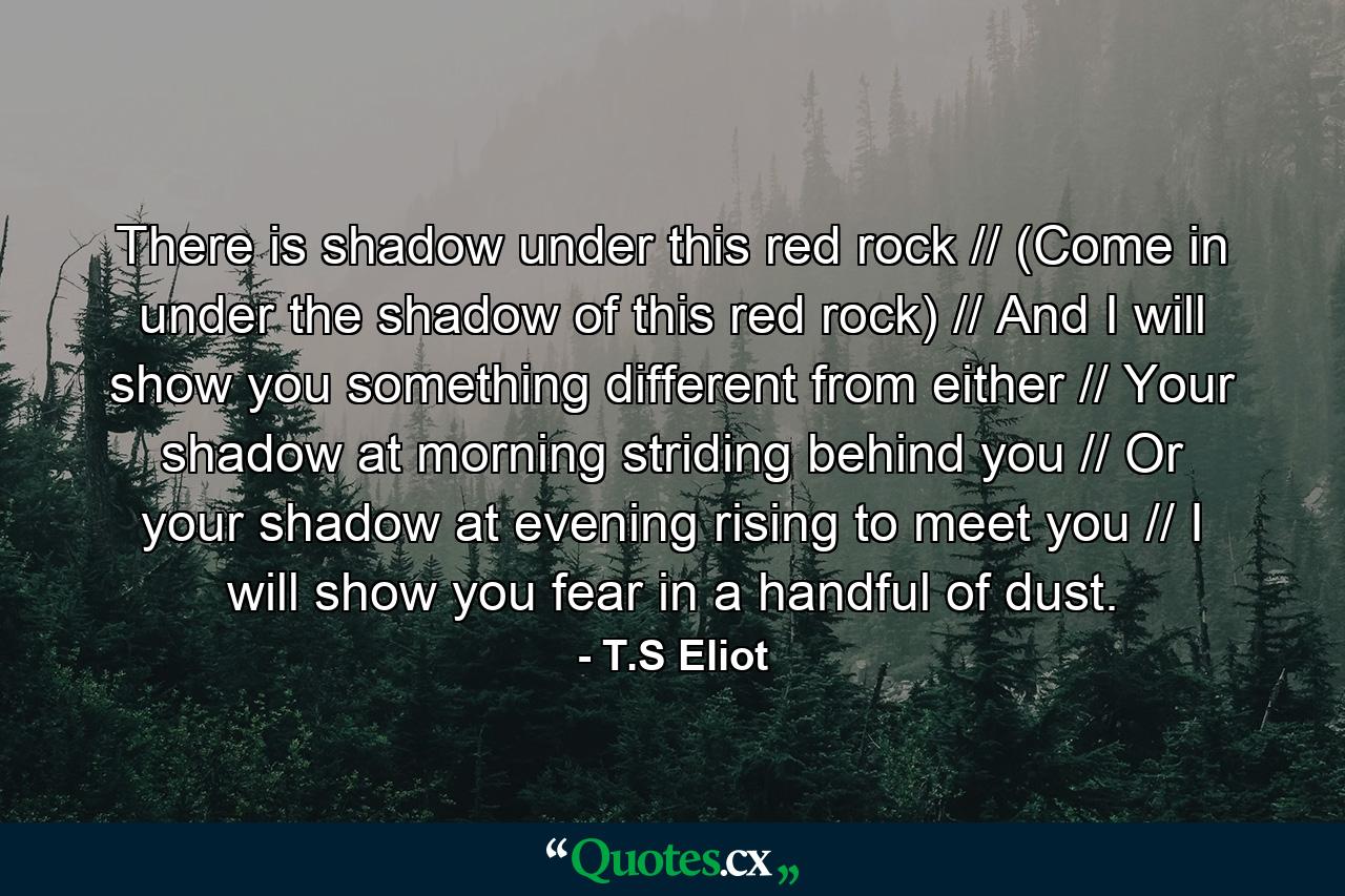 There is shadow under this red rock // (Come in under the shadow of this red rock) // And I will show you something different from either // Your shadow at morning striding behind you // Or your shadow at evening rising to meet you // I will show you fear in a handful of dust. - Quote by T.S Eliot