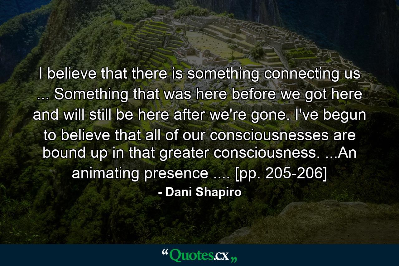 I believe that there is something connecting us ... Something that was here before we got here and will still be here after we're gone. I've begun to believe that all of our consciousnesses are bound up in that greater consciousness. ...An animating presence .... [pp. 205-206] - Quote by Dani Shapiro