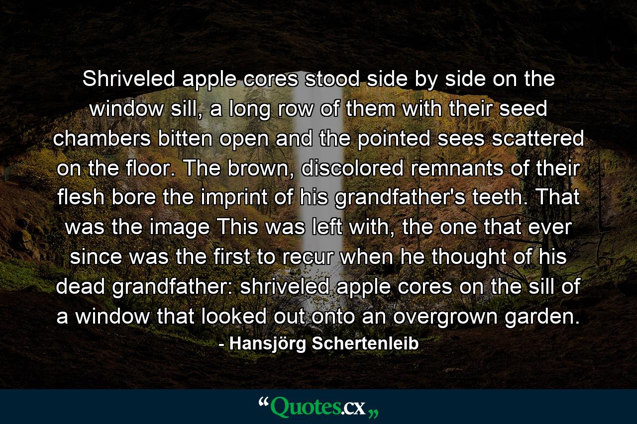 Shriveled apple cores stood side by side on the window sill, a long row of them with their seed chambers bitten open and the pointed sees scattered on the floor. The brown, discolored remnants of their flesh bore the imprint of his grandfather's teeth. That was the image This was left with, the one that ever since was the first to recur when he thought of his dead grandfather: shriveled apple cores on the sill of a window that looked out onto an overgrown garden. - Quote by Hansjörg Schertenleib