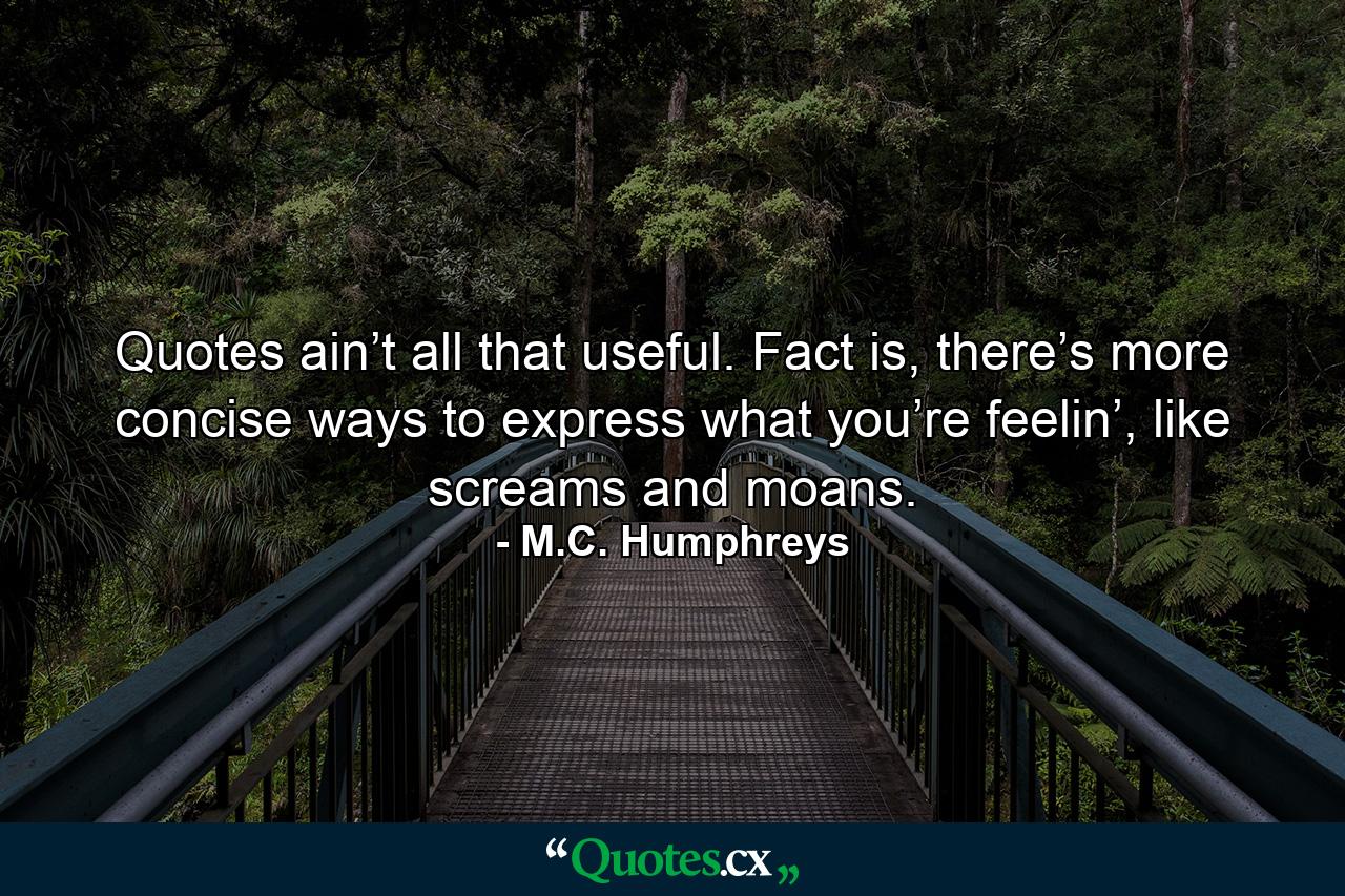 Quotes ain’t all that useful. Fact is, there’s more concise ways to express what you’re feelin’, like screams and moans. - Quote by M.C. Humphreys