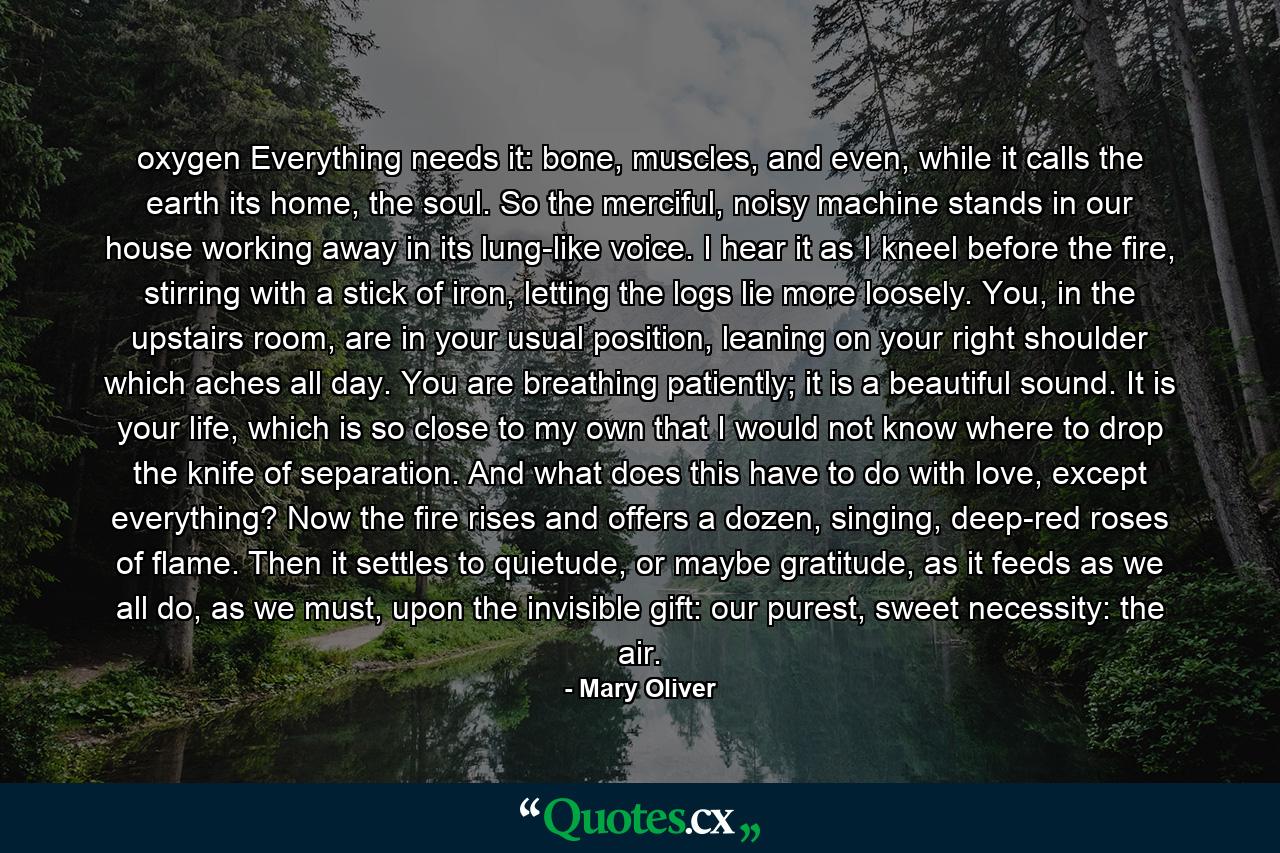 oxygen Everything needs it: bone, muscles, and even, while it calls the earth its home, the soul. So the merciful, noisy machine stands in our house working away in its lung-like voice. I hear it as I kneel before the fire, stirring with a stick of iron, letting the logs lie more loosely. You, in the upstairs room, are in your usual position, leaning on your right shoulder which aches all day. You are breathing patiently; it is a beautiful sound. It is your life, which is so close to my own that I would not know where to drop the knife of separation. And what does this have to do with love, except everything? Now the fire rises and offers a dozen, singing, deep-red roses of flame. Then it settles to quietude, or maybe gratitude, as it feeds as we all do, as we must, upon the invisible gift: our purest, sweet necessity: the air. - Quote by Mary Oliver