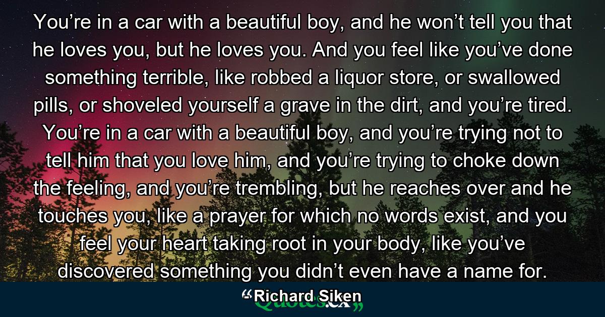 You’re in a car with a beautiful boy, and he won’t tell you that he loves you, but he loves you. And you feel like you’ve done something terrible, like robbed a liquor store, or swallowed pills, or shoveled yourself a grave in the dirt, and you’re tired. You’re in a car with a beautiful boy, and you’re trying not to tell him that you love him, and you’re trying to choke down the feeling, and you’re trembling, but he reaches over and he touches you, like a prayer for which no words exist, and you feel your heart taking root in your body, like you’ve discovered something you didn’t even have a name for. - Quote by Richard Siken