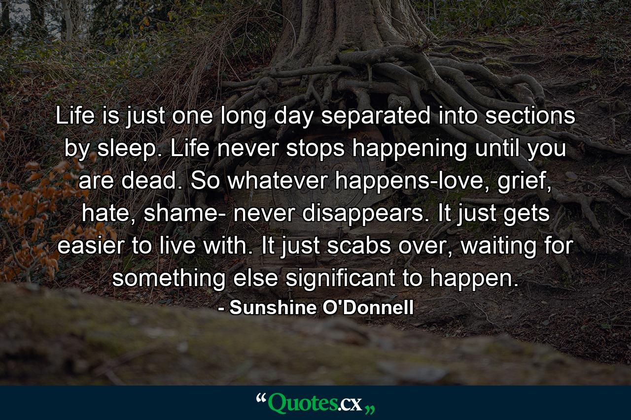 Life is just one long day separated into sections by sleep. Life never stops happening until you are dead. So whatever happens-love, grief, hate, shame- never disappears. It just gets easier to live with. It just scabs over, waiting for something else significant to happen. - Quote by Sunshine O'Donnell