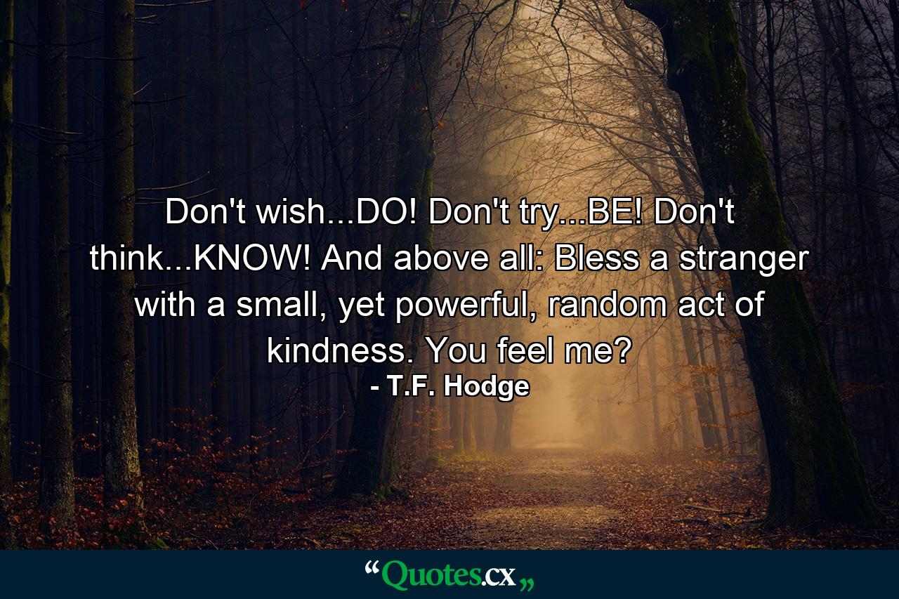 Don't wish...DO! Don't try...BE! Don't think...KNOW! And above all: Bless a stranger with a small, yet powerful, random act of kindness. You feel me? - Quote by T.F. Hodge