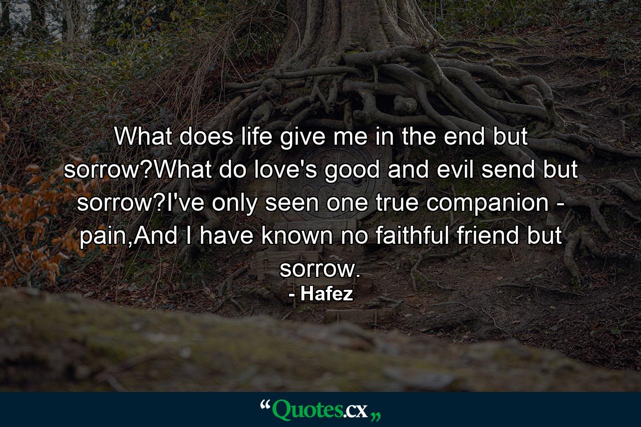 What does life give me in the end but sorrow?What do love's good and evil send but sorrow?I've only seen one true companion - pain,And I have known no faithful friend but sorrow. - Quote by Hafez