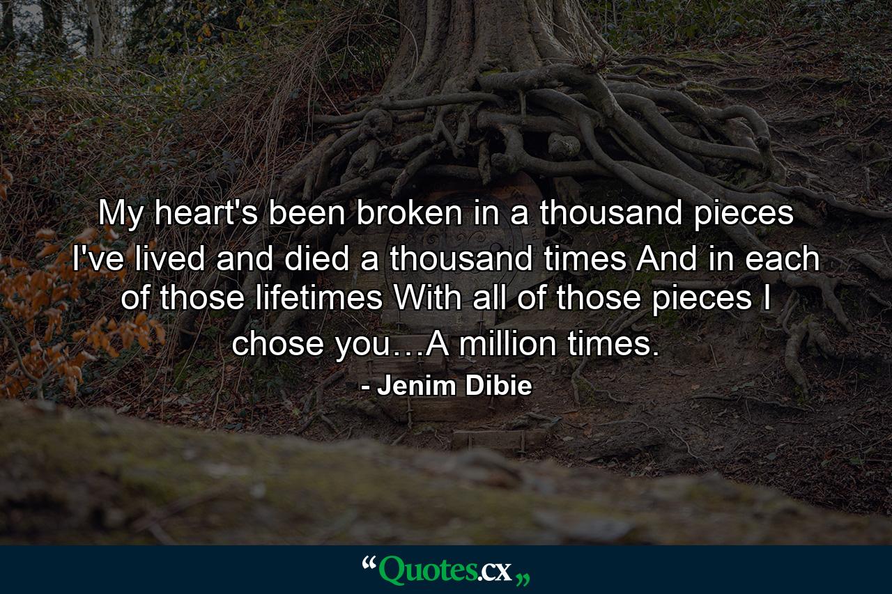 My heart's been broken in a thousand pieces I've lived and died a thousand times And in each of those lifetimes With all of those pieces I chose you…A million times. - Quote by Jenim Dibie