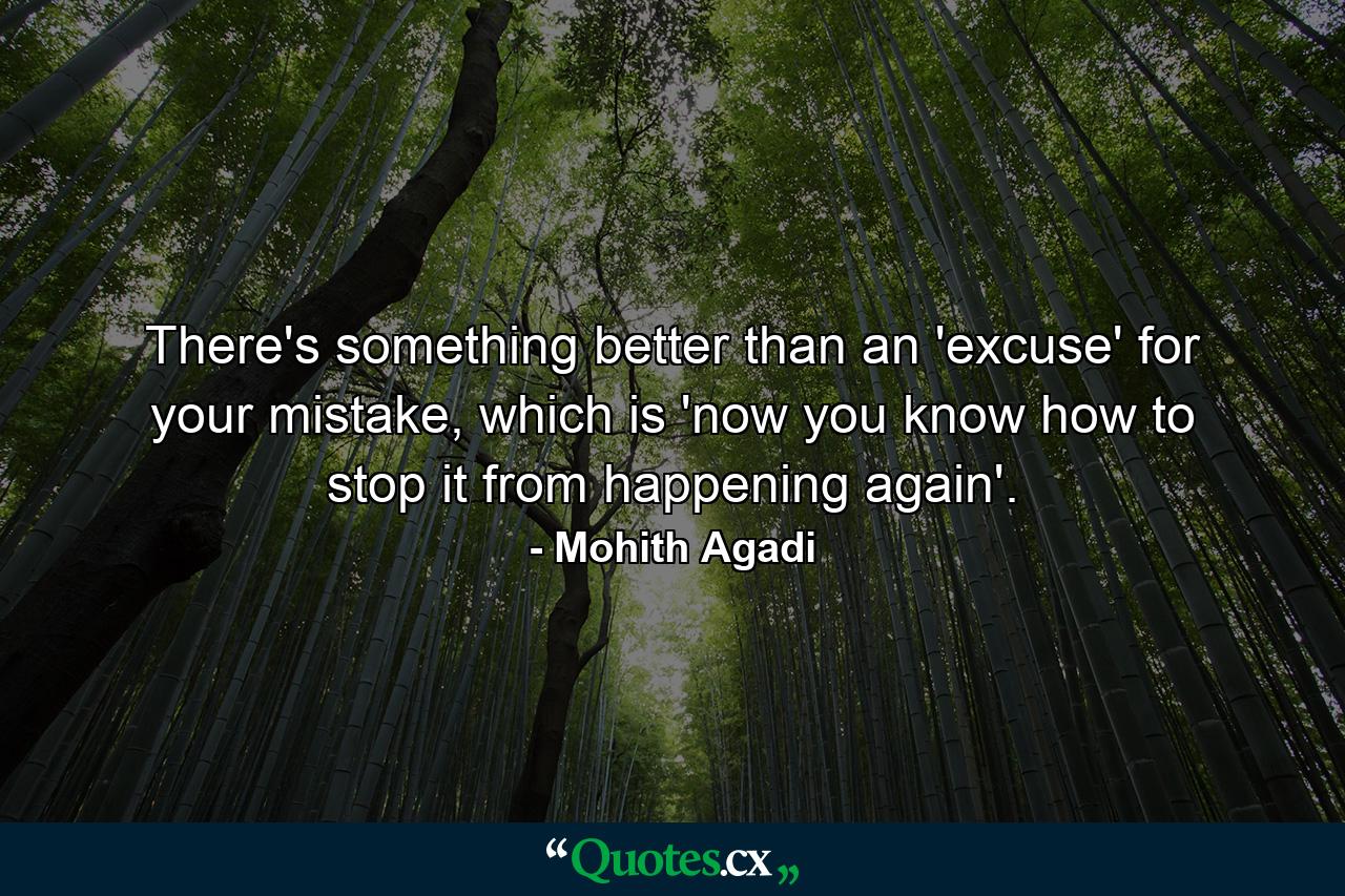 There's something better than an 'excuse' for your mistake, which is 'now you know how to stop it from happening again'. - Quote by Mohith Agadi