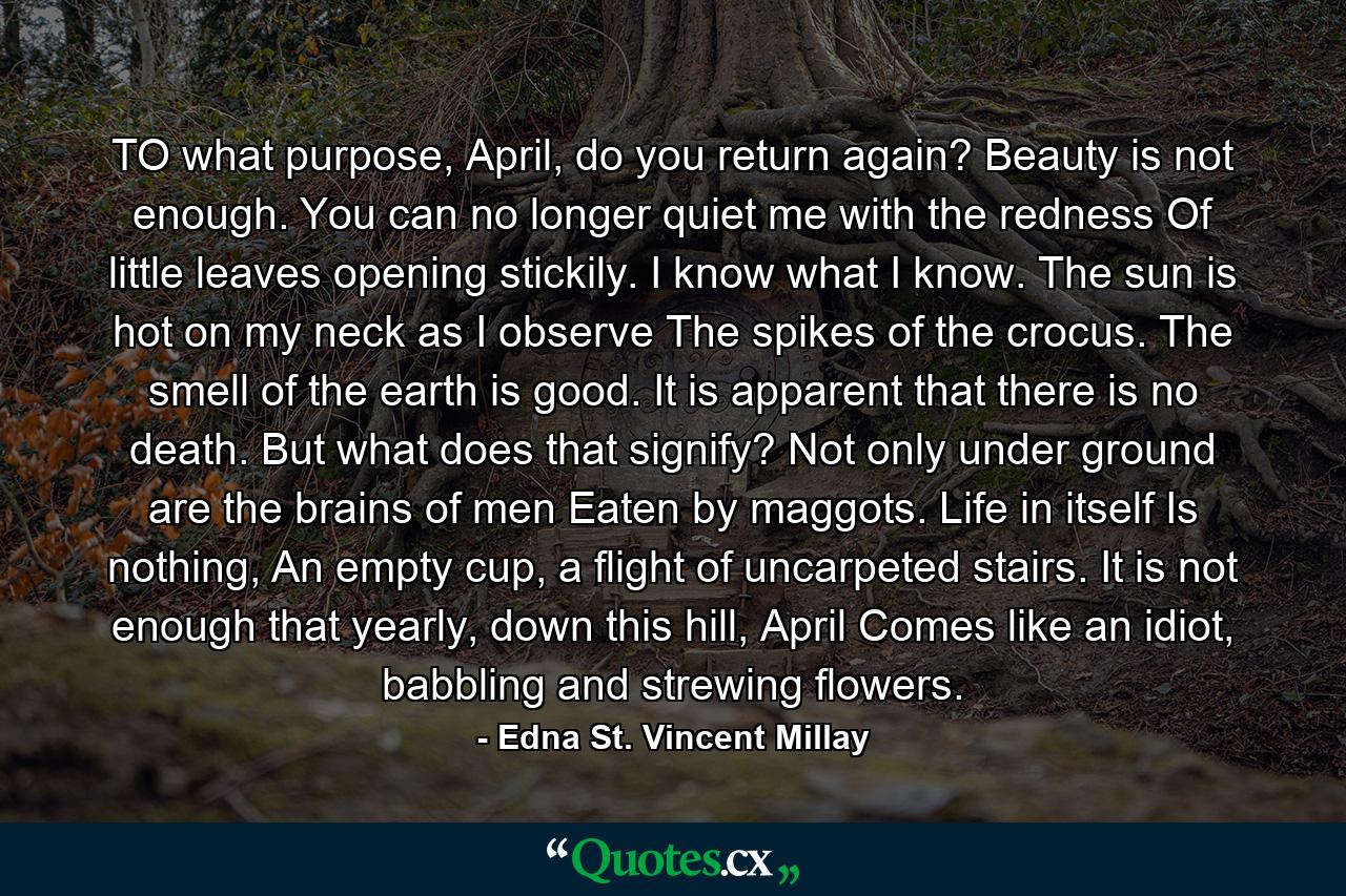 TO what purpose, April, do you return again? Beauty is not enough. You can no longer quiet me with the redness Of little leaves opening stickily. I know what I know. The sun is hot on my neck as I observe The spikes of the crocus. The smell of the earth is good. It is apparent that there is no death. But what does that signify? Not only under ground are the brains of men Eaten by maggots. Life in itself Is nothing, An empty cup, a flight of uncarpeted stairs. It is not enough that yearly, down this hill, April Comes like an idiot, babbling and strewing flowers. - Quote by Edna St. Vincent Millay