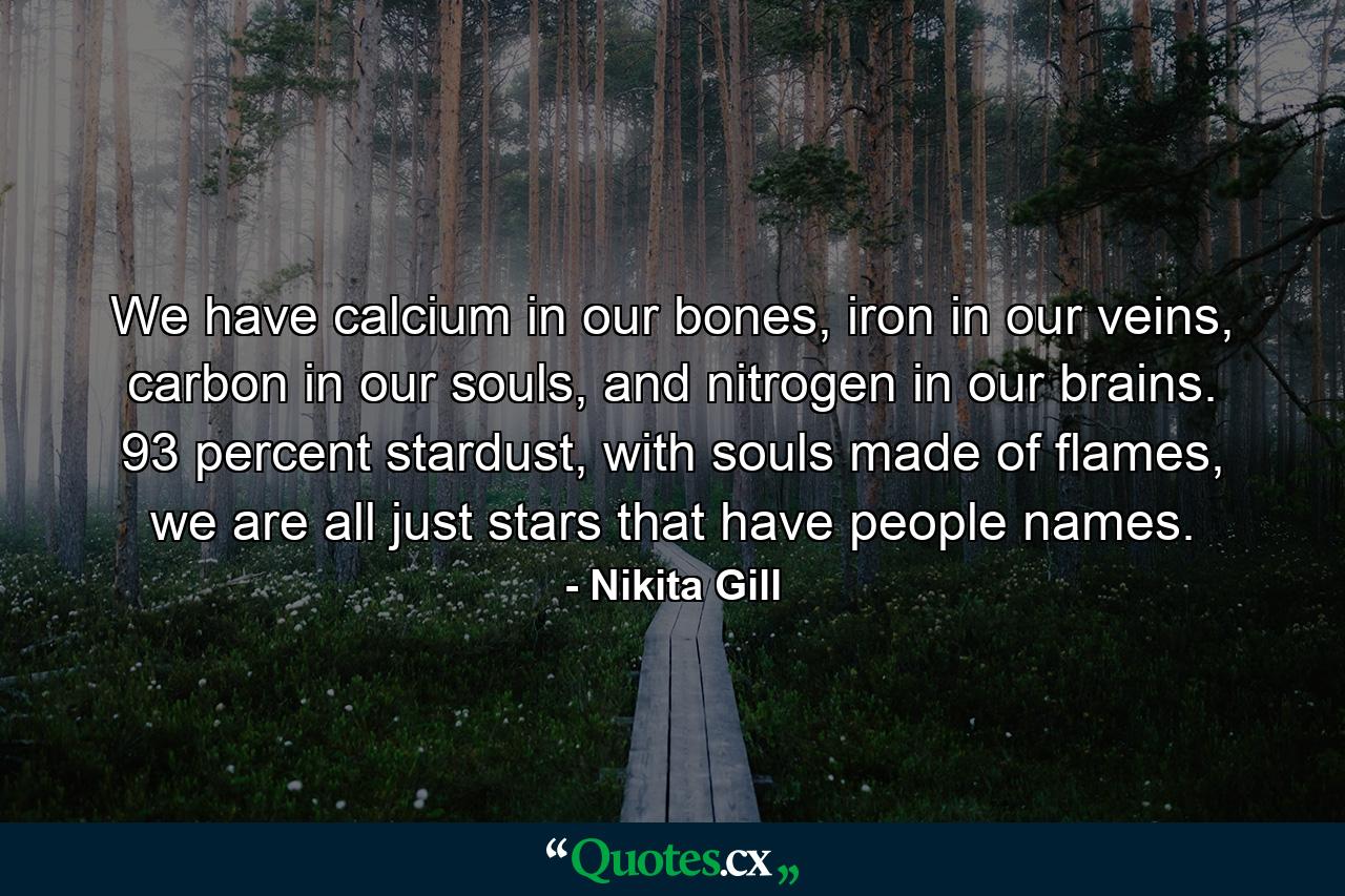 We have calcium in our bones, iron in our veins, carbon in our souls, and nitrogen in our brains. 93 percent stardust, with souls made of flames, we are all just stars that have people names. - Quote by Nikita Gill