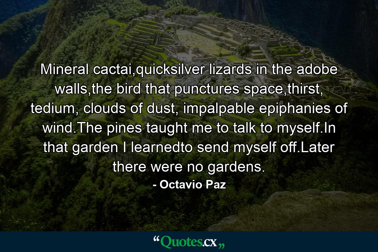 Mineral cactai,quicksilver lizards in the adobe walls,the bird that punctures space,thirst, tedium, clouds of dust, impalpable epiphanies of wind.The pines taught me to talk to myself.In that garden I learnedto send myself off.Later there were no gardens. - Quote by Octavio Paz